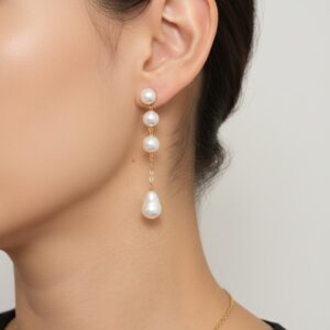 Aretes de Perla Natural  Colgantes " Cascada Lineal 2 " Color Dorado Chapa de Oro 22K