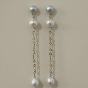 Aretes de Perla Natural  Colgantes " Cascada Lineal " Color Dorado Chapa de Oro 22K
