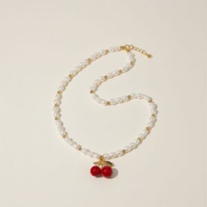 Collar de perla natural con Dije Cereza Chapa Oro  de 22k