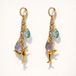 Aretes Colibrí Aura con Aguamarina y Cuarzo Lavanda – CIANNA Chapa de Oro 22K