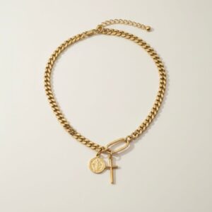 Collar Imperium San Benito Chico  – Cadena Gruesa Dorada con Medalla de San Benito Chapa de Oro 22k