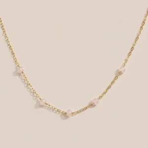 Collar Bruma en Cadena Chapa Oro 22Kcon piedra natural facetada rondel cuarzo rosa