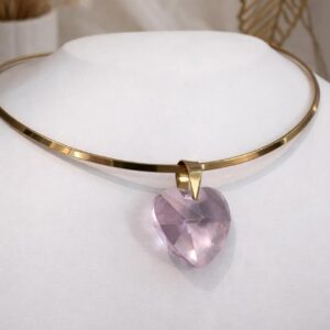 Collar "Corazón Eter" Collar Aro Rígido Dorado con Corazón de Piedra Swarovski Rosa Tornasol