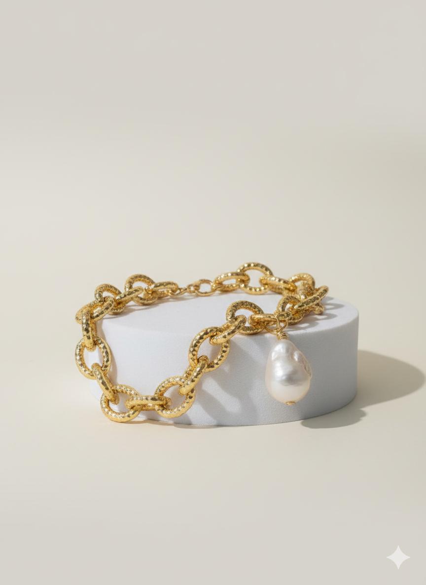 Pulsera "Hammered Gold" Barroca Eslabones Texturizados Chapa de Oro 22