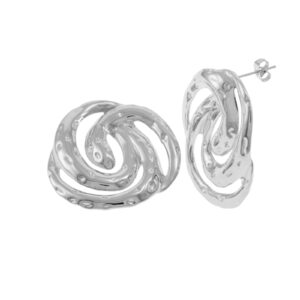 Aretes de espiral de acero inoxidable plateados con diseño geométrico entrelazado y acabado texturizado marca Cianna