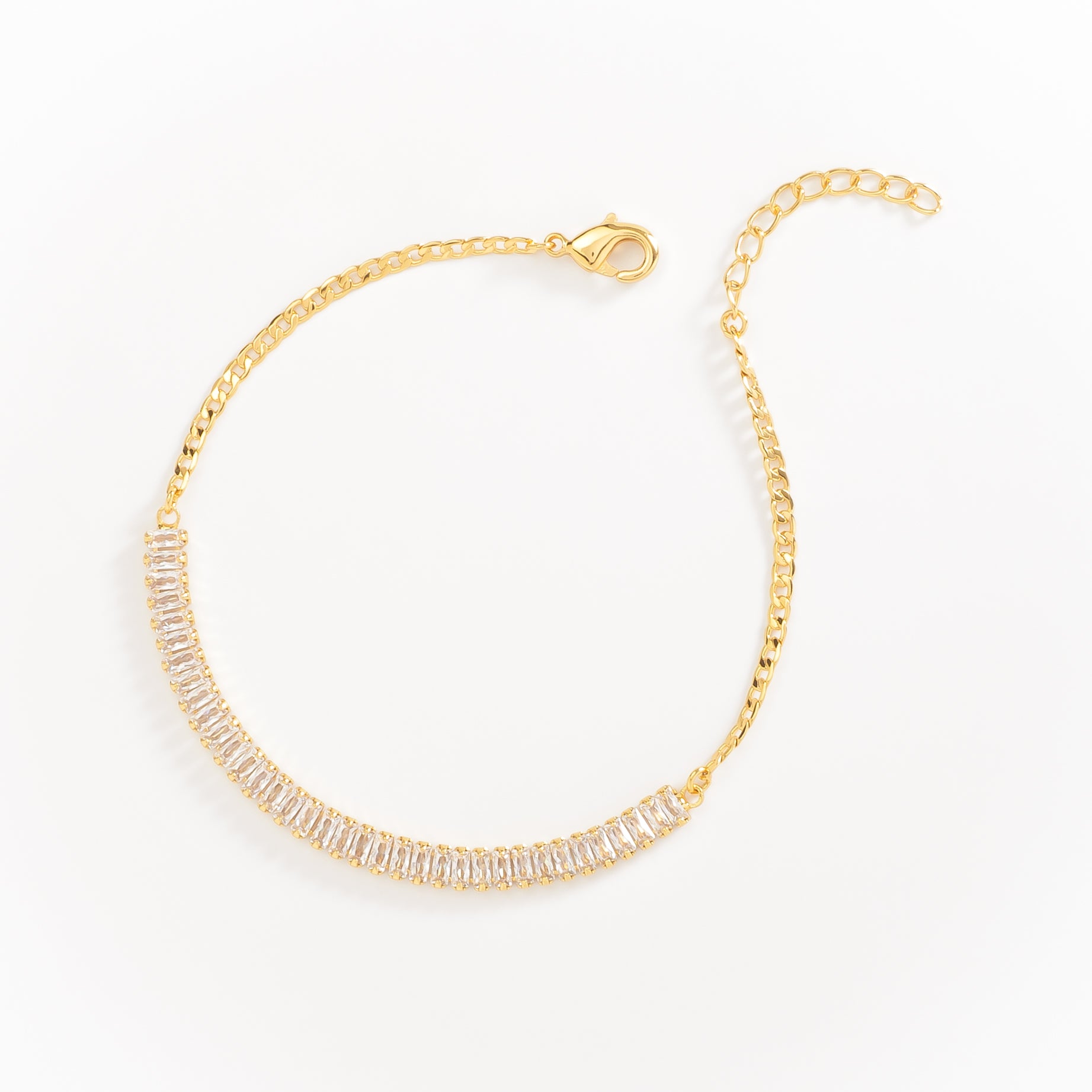 Pulsera Destello Tipo Tennis con Zirconias Corte Baguette Chapa de Oro 22k