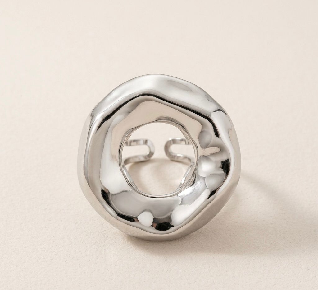 Anillo Orgánico Redondo Plateado Acero Inoxidable Ajustable
