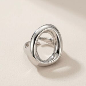 Anillo Oval Orgánico Plateado Acero Inoxidable Ajustable