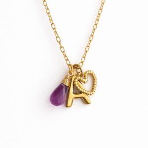  Collar Inicial Eternal con piedra natural  y dije de corazon Cadena Dorada Chapa de Oro 22K