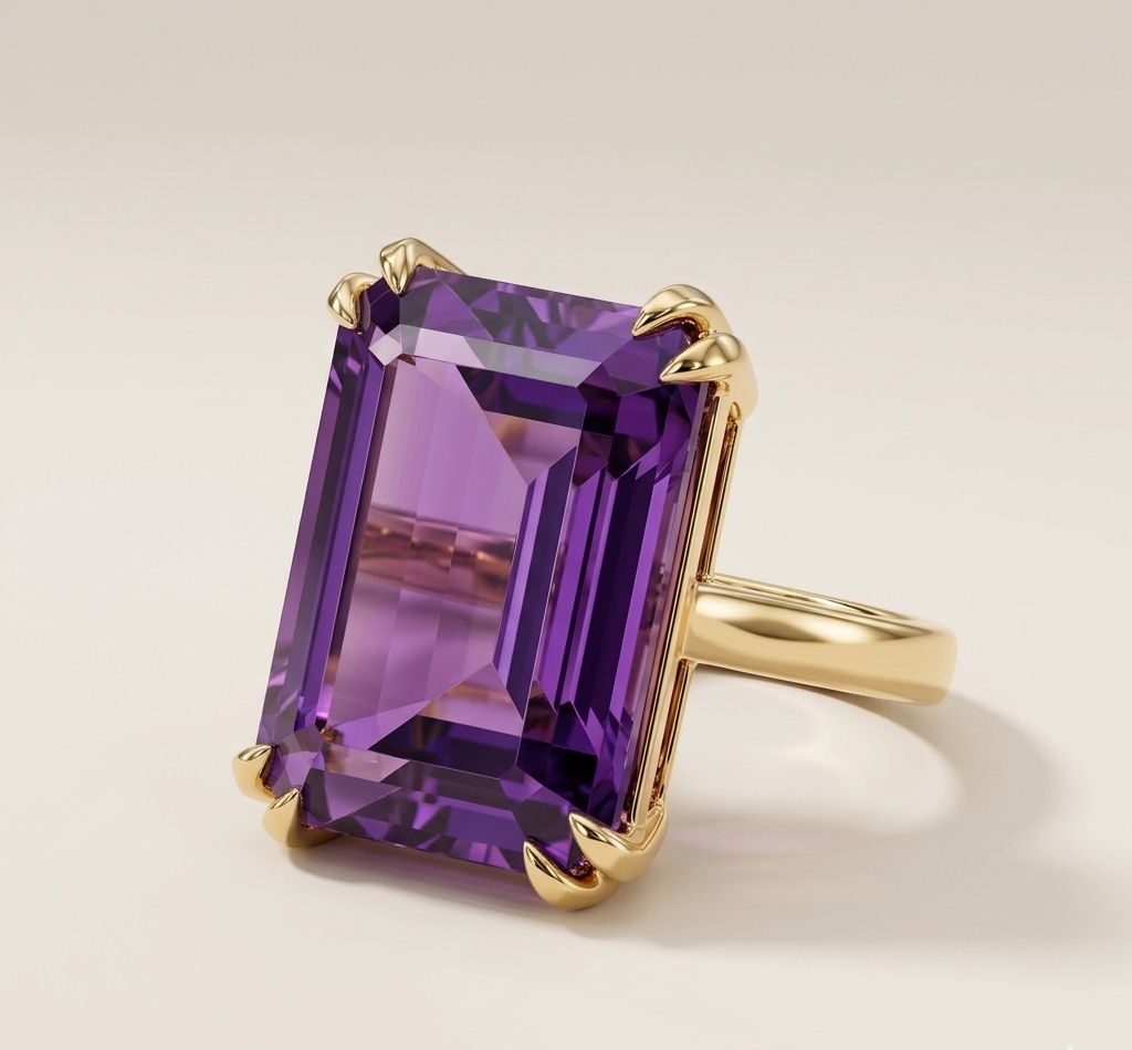 Anillo de Amatista Natural Corte Esmeralda en oro de 14k joyería Cianna