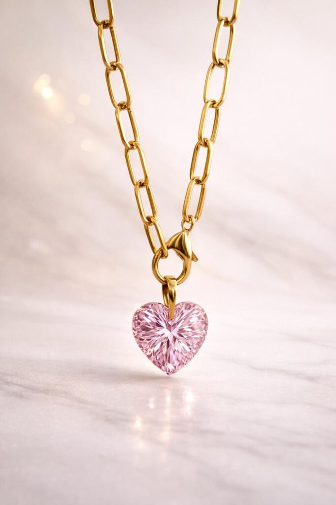 Collar delicado con dije de corazón Swarovski rosa y cadena de chapa de oro 22k marca Cianna