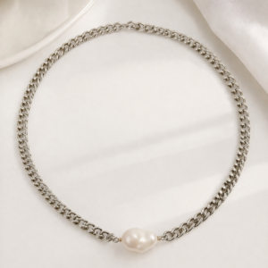 Collar Perla Urbana -Collar de Perla Barroca Central en Cadena de Chapa de Rodio Plateado