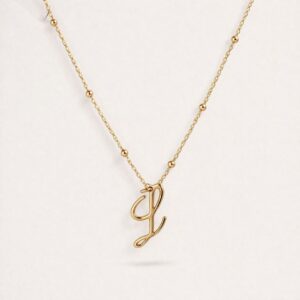  Collar Signature Initial Cadena de Bolitas con Inicial cursiva Chapa de Oro 22K