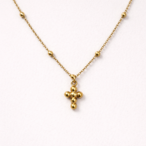Collar Cruz Minimal en Chapa de Oro 22k con cadena de bolitas marca Cianna.