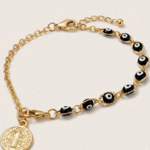Pulsera Amuleto Nazar con ojitos turcos negros y cadena de chapa de oro 22k marca Cianna