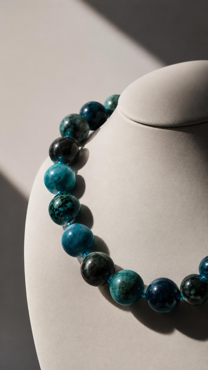 Collar de esferas grandes de piedra apatita azul natural facetada de 18mm con detalles en chapa de oro 22k marca Cianna