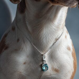 Collar de plata con topacio natural azul corte ovalado en foto artística y editorial marca Cianna